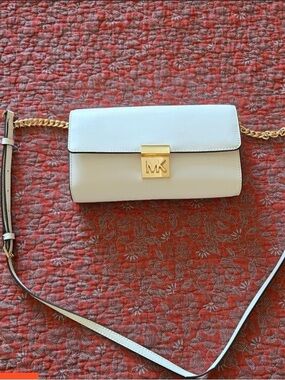 Michael Kors Cream and White Leather Crossbody with Gold MK Lock